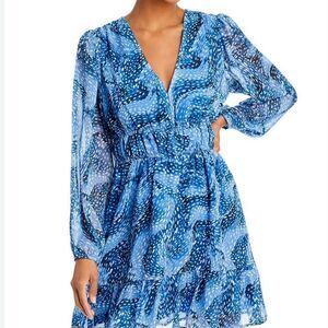 Bloomingdale’s Blue Printed Smocked Waist Flounce Dress NWT long sleevesSize Lrg